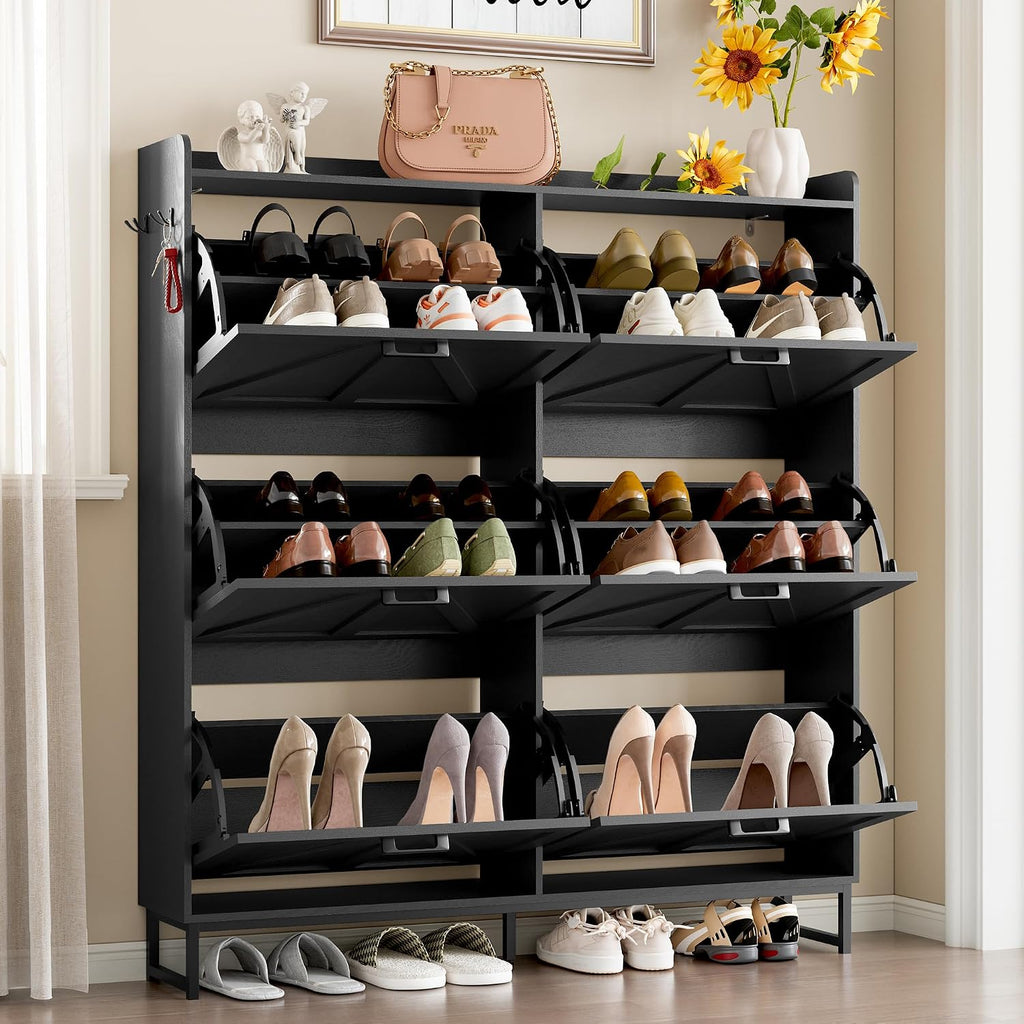 BORNOON Shoe Cabinet with 6 Flip Drawers Narrow Shoe Storage Cabinet Organizer Wooden Freestanding Shoe Rack Hidden Slim Shoes Storage Cabinet for Entryway, Hallway, Living Room, Bedroom