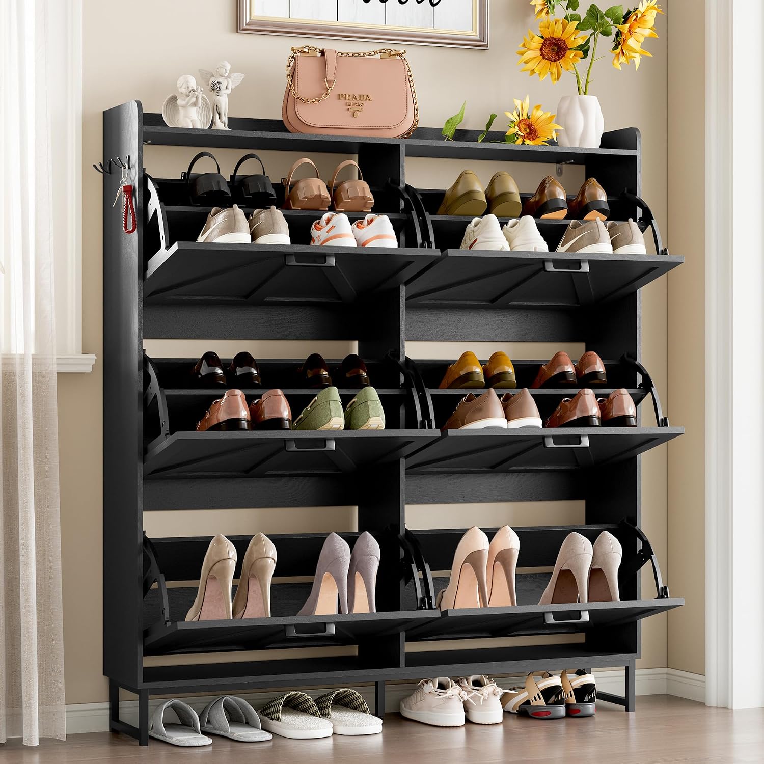BORNOON Shoe Cabinet with 6 Flip Drawers Narrow Shoe Storage Cabinet Organizer Wooden Freestanding Shoe Rack Hidden Slim Shoes Storage Cabinet for Entryway, Hallway, Living Room, Bedroom