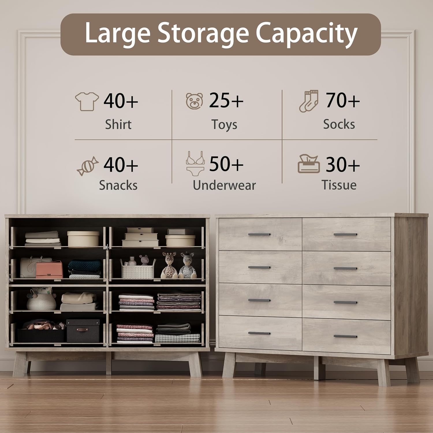 Xixini Dresser for Bedroom, 8 Drawer Wide Modern Chest of Drawers with X-Shaped Sturdy Base, Wood Double Dresser Closet Clothes Storage Organizer, Wooden TV Stand for Living Room, Hallway, Grey