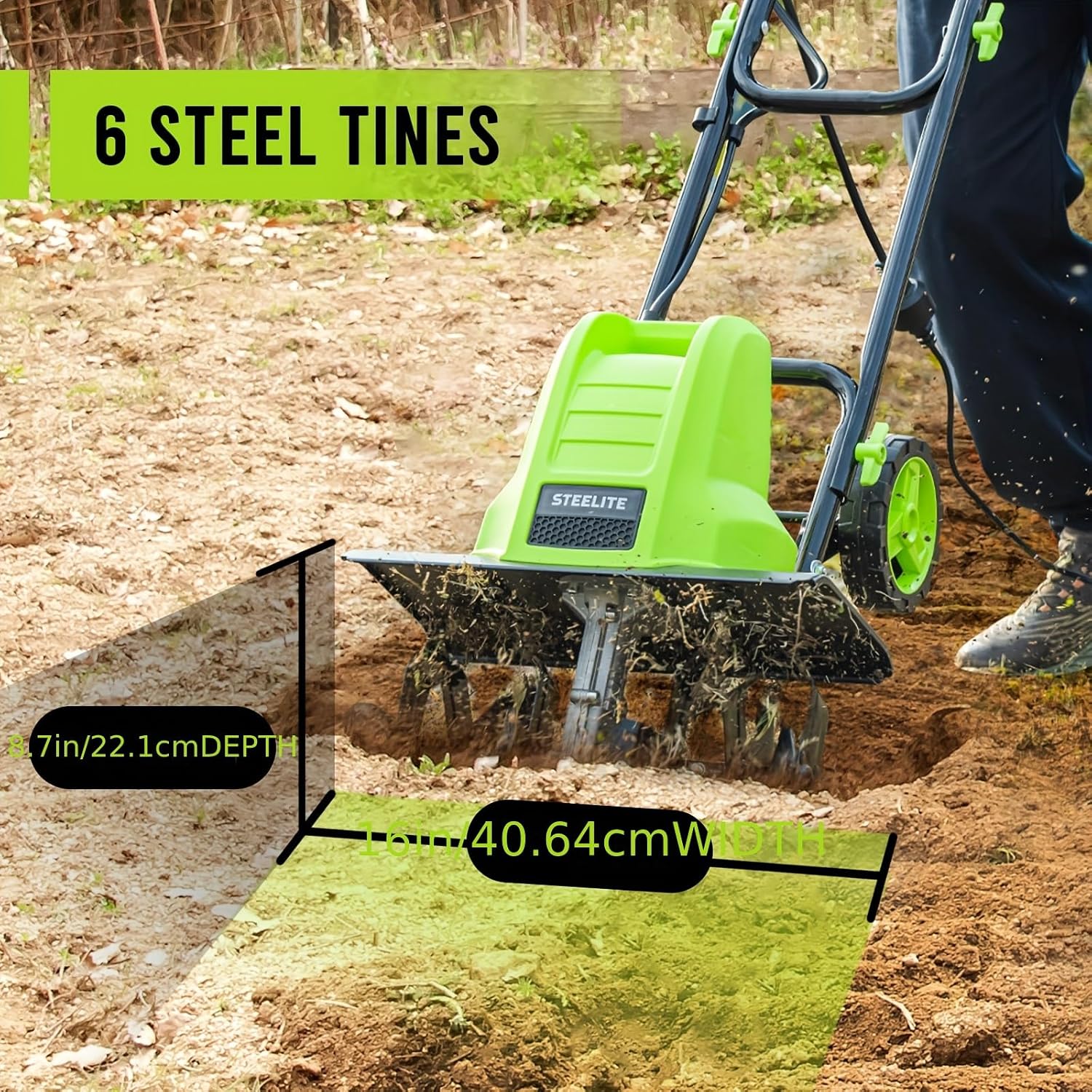 deli Steelite 16-Inch Electric Tiller & Cultivator, 13.5 Amp with 6 Steel Tines, Foldable Design, Adjustable Wheels, Green - Ideal for Gardening