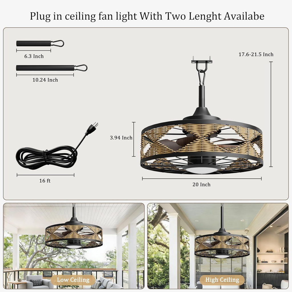 Boho Outdoor Ceiling Fans for Patios, 20 Inch Waterproof Plug In Ceiling Fan with Light, 3CCT, Rattan Caged Gazebo Fan Light with Remote and App Control, 6 Speed Reversible for Pergola, Porch, Indoor