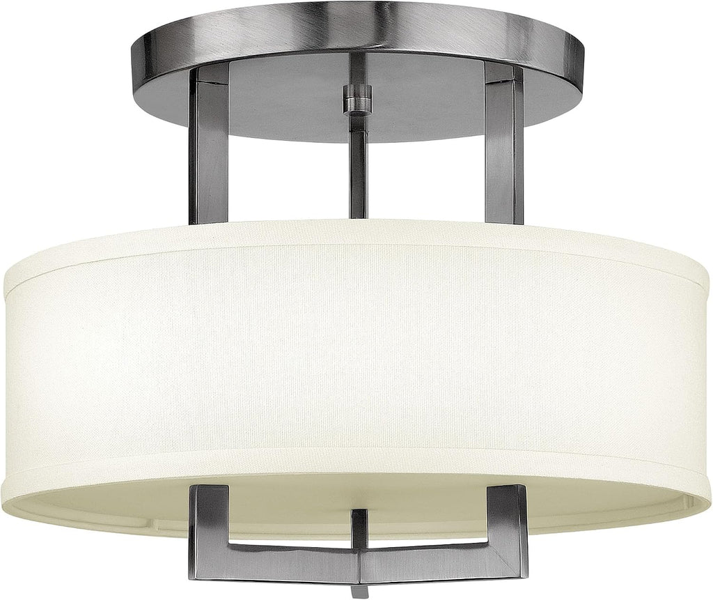 Hinkley Hampton Semi-Flush Three Light 15-in Dia. Ceiling Mount, Off-White Linen Drum Shade, Acrylic Diffuser, Antique Nickel Finish