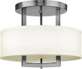 Hinkley Hampton Semi-Flush Three Light 15-in Dia. Ceiling Mount, Off-White Linen Drum Shade, Acrylic Diffuser, Antique Nickel Finish