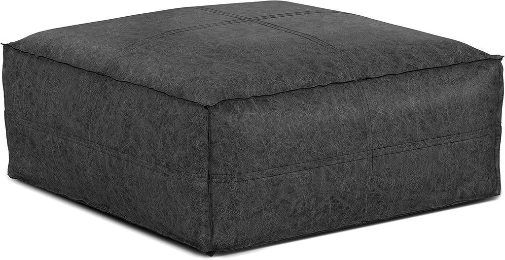 SIMPLIHOME Brody Boho Square Pouf in Distressed Black Vegan Faux Leather for the Living Room, Bedroom and Kids Room