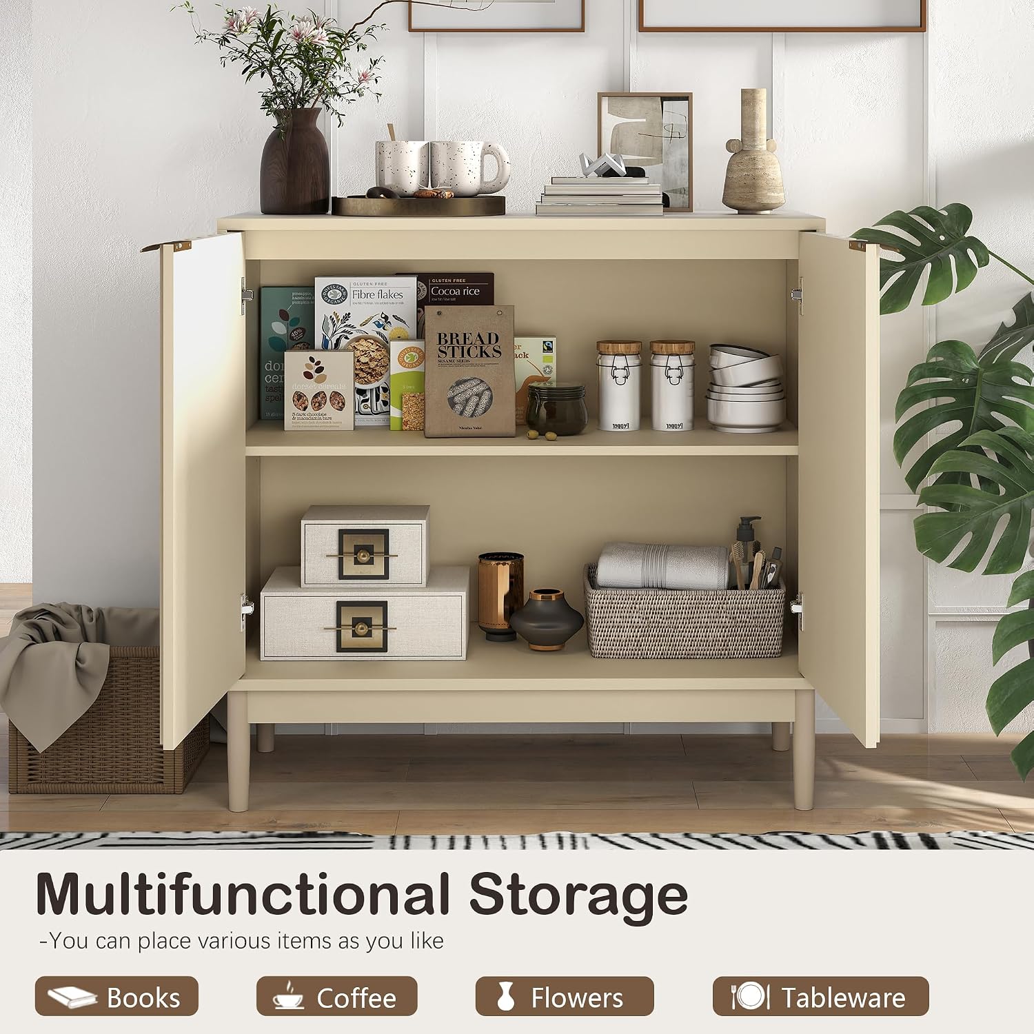 Otterease Fluted Sideboard with Storage, Buffet Cabinet Sideboard with Door, Kitchen Buffet Storage Accent Cabinets with Adjustable Shelves for Living Room, Entry, Hallway, Beige