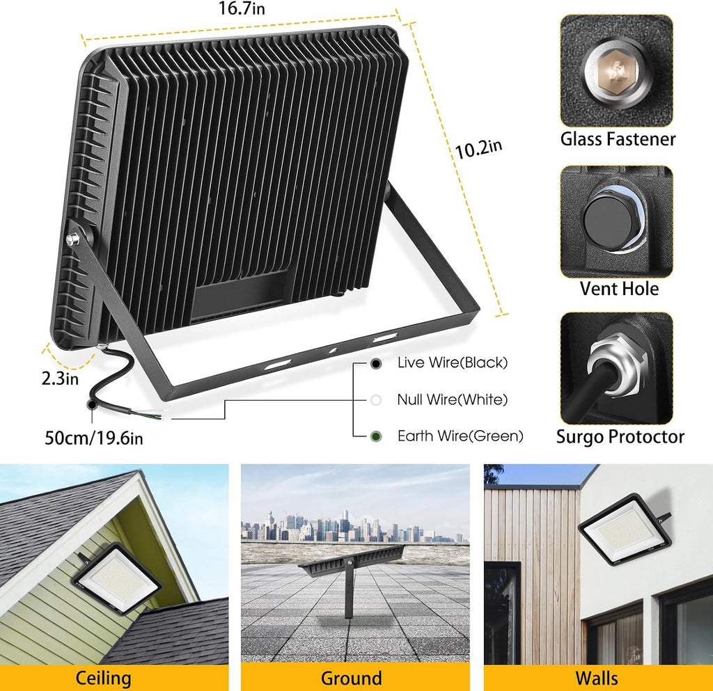 XYCN 2 Pack 300W Warm White LED Flood Light,No Plug,3000K 42500LM Outside Flood Light,Super Bright Outdoor Security Lights, IP66 Waterproof Floodlight for Yard,Playground,Garage, Garden, Lawn
