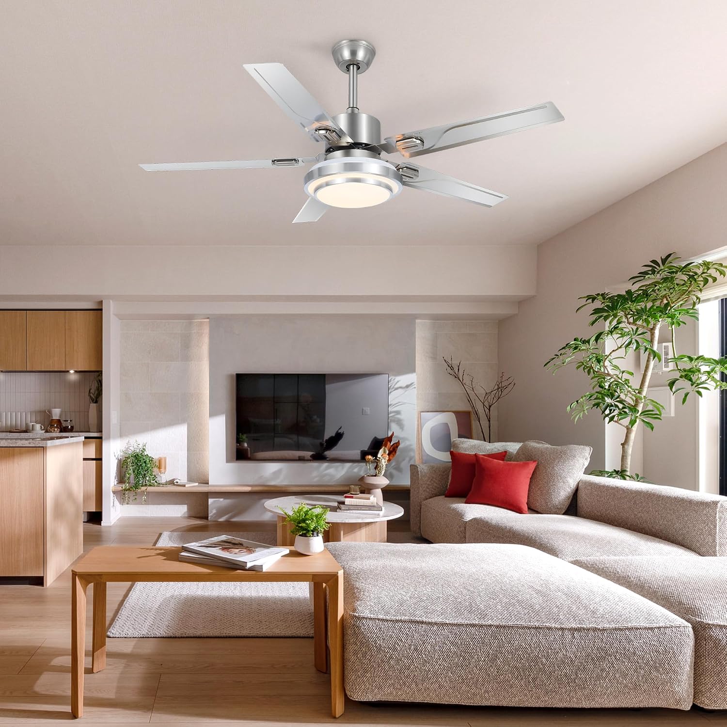 Modern Ceiling Fans with Lights Remote, 42'' Outdoor Ceiling Fan with Dimmable 3 Light Colors 3 Speed Reversible DC Motor, 5 Stainless Steel Blades Fandelier for Patio Porch Living Room