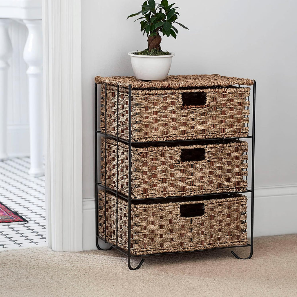 Household Essentials 3 Drawer Wicker Storage Unit with Handwoven Seagrass and Curved Metal Feet, Natural Finish