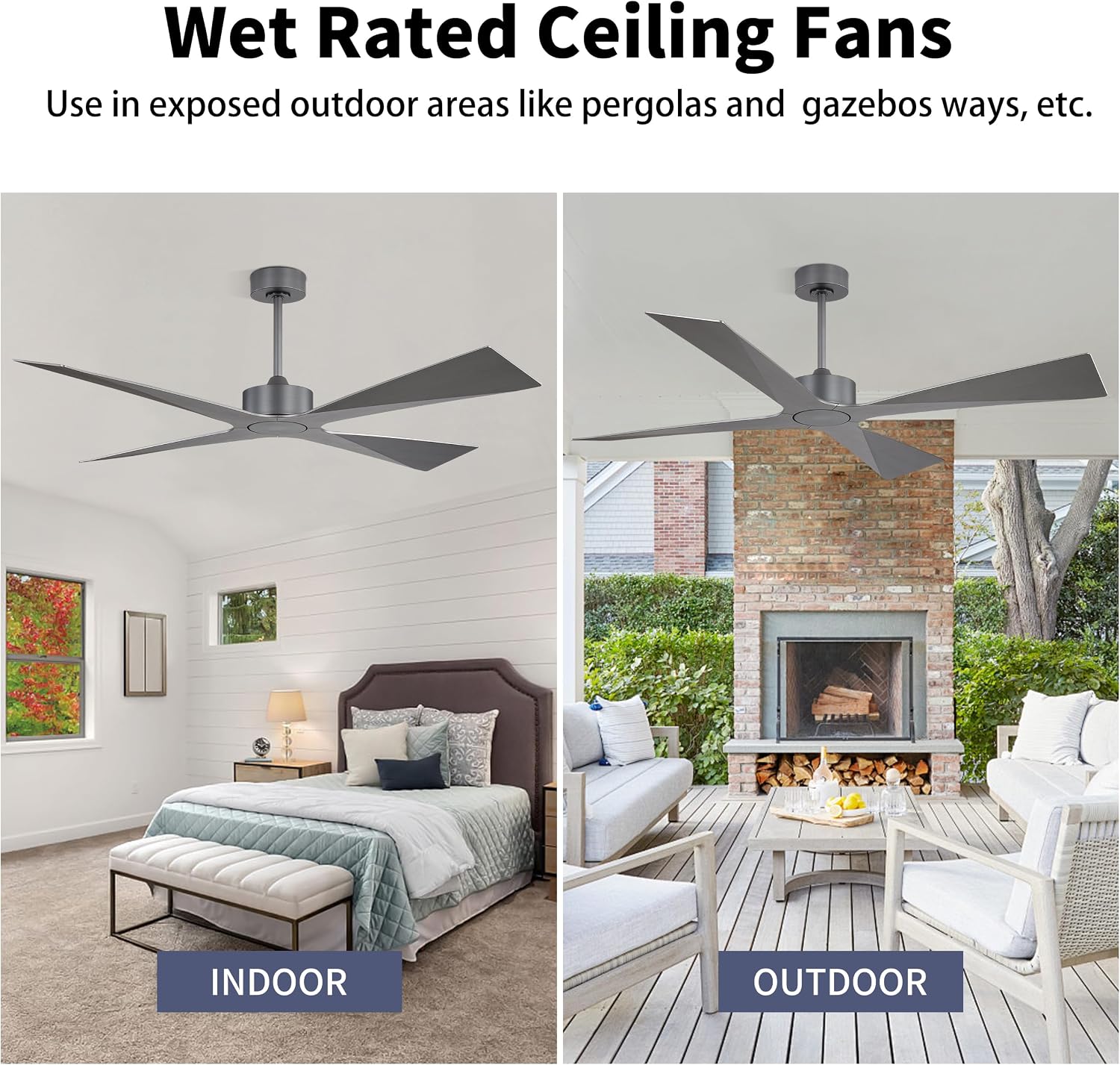 WINGBO 64' Wet Rated Outdoor Ceiling Fan without Lights, 4 ABS Plastic Blades, 6-Speed Reversible Quiet DC Motor, Waterproof Ceiling Fan No Lights for Patio Porch Gazebo Garage, Brushed Graphite