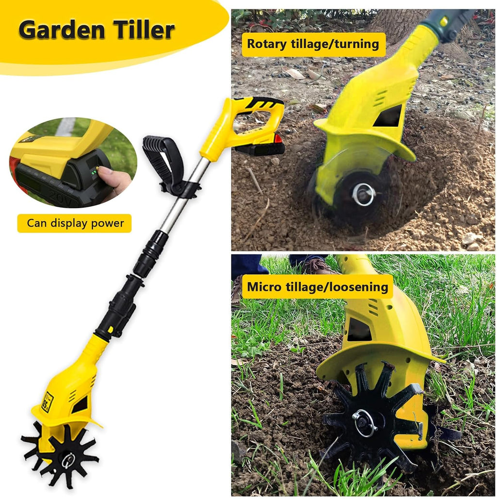 Garden Tiller, 250 RPM Electric Garden Rototiller with 97-127cm/38-50in Adjustable Length, Mini Tiller for Gardening/Soil Cultivation, Including Battery (Yellow)