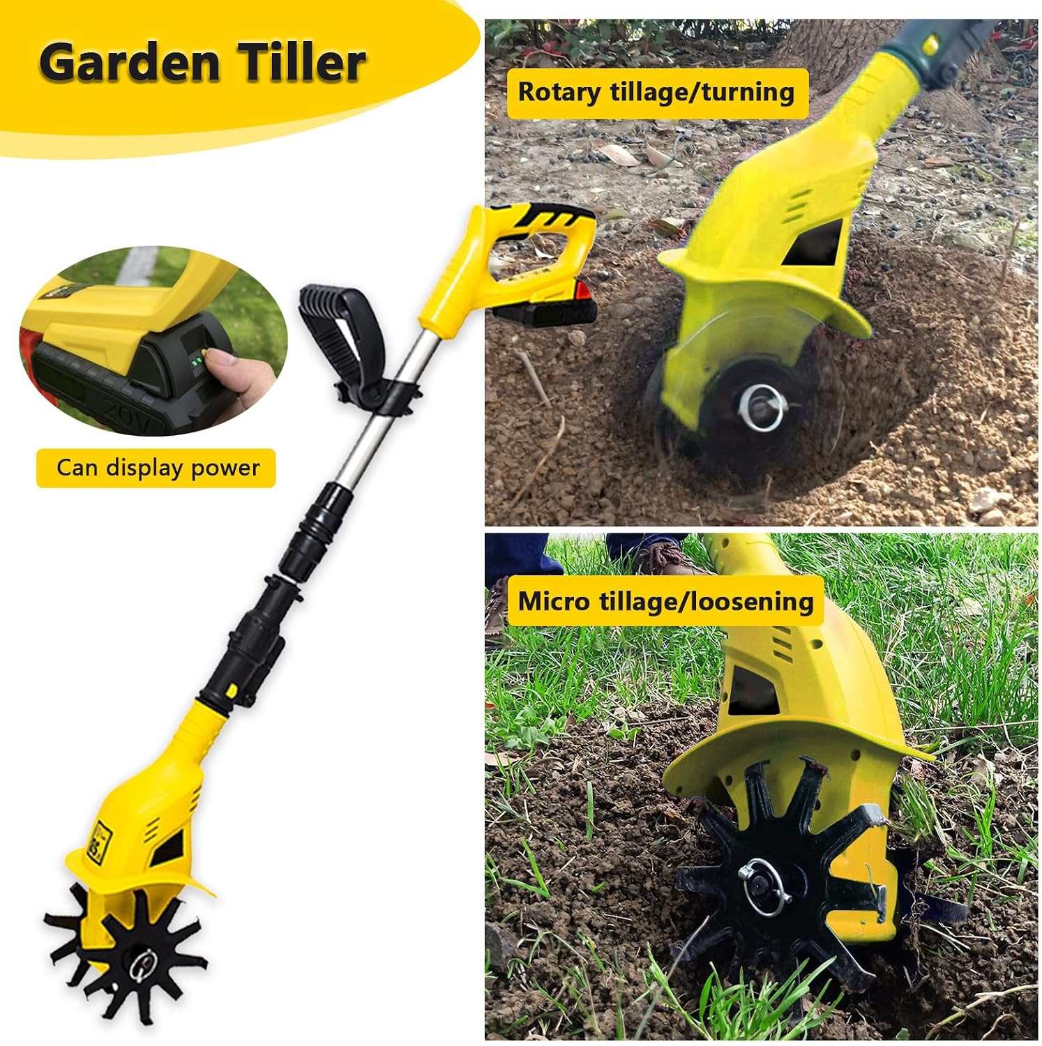 Garden Tiller, 250 RPM Electric Garden Rototiller with 97-127cm/38-50in Adjustable Length, Mini Tiller for Gardening/Soil Cultivation, Including Battery (Yellow)