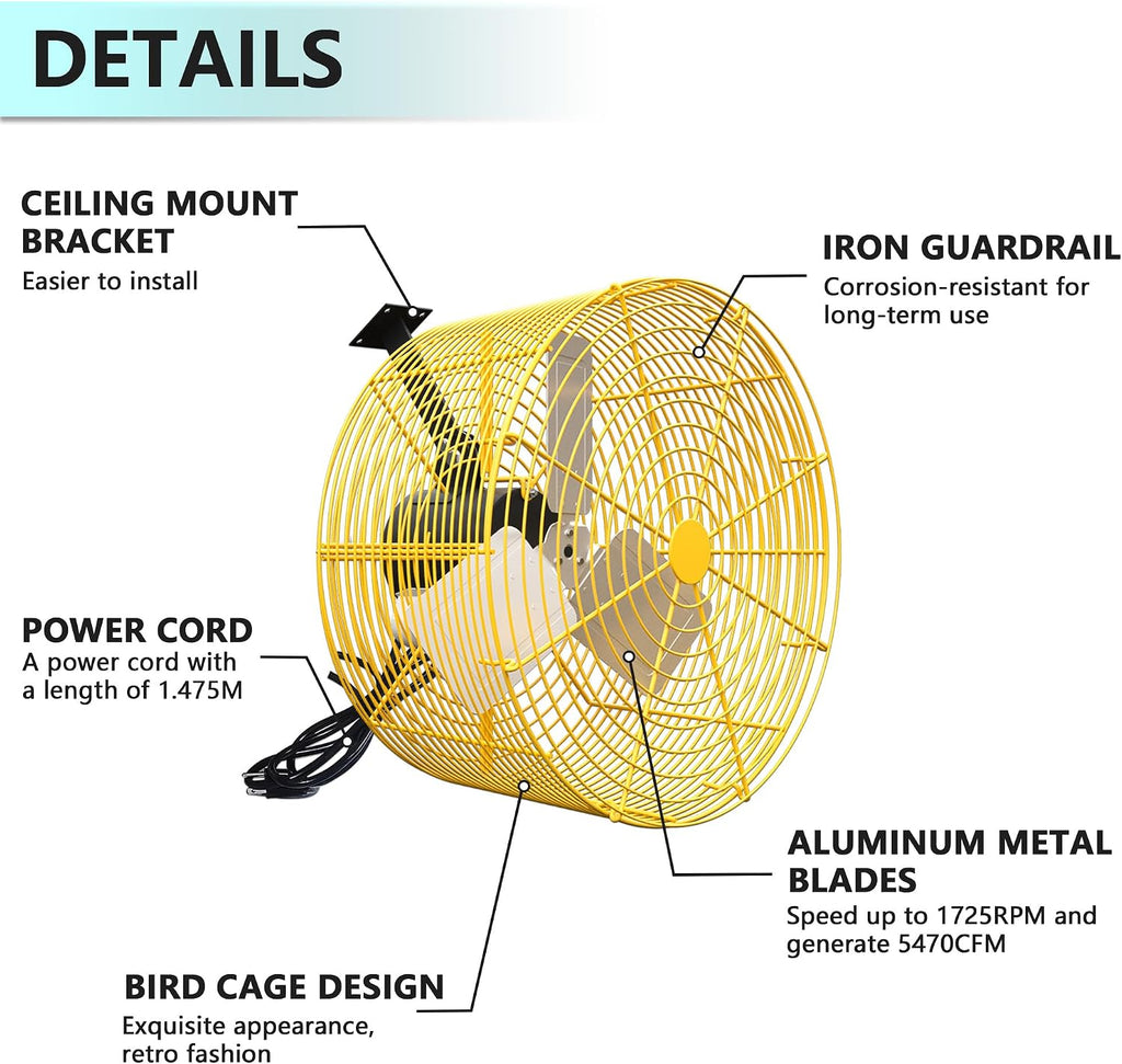 Greenhouse Circulation Fan Air Circulation Fan 1/3 HP 115V Ceiling Wall Mount Fan High Speed Circulation Fan for Greenhouse, Warehouse, Patio, Garage 5470CFM, ETL Listed
