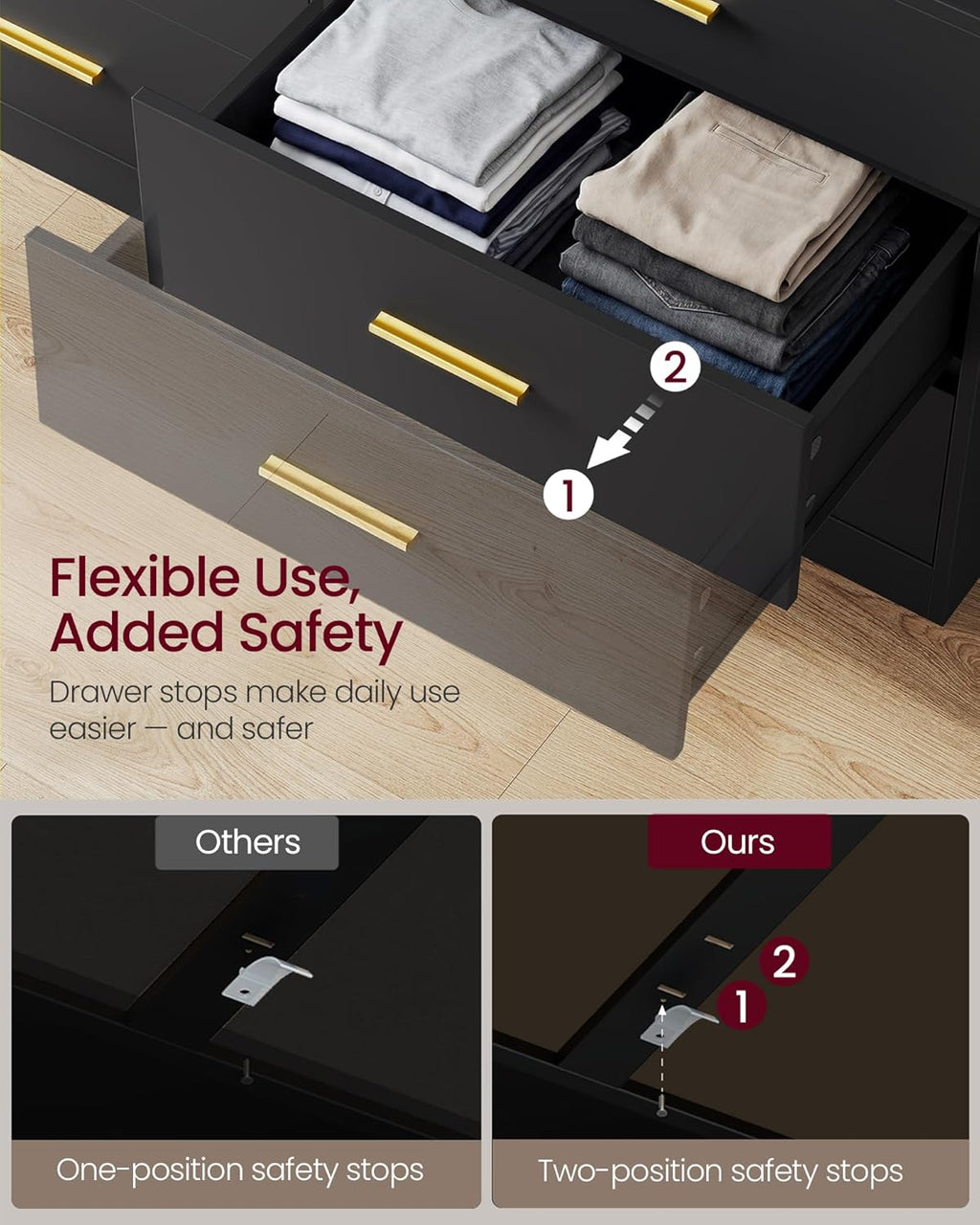 VASAGLE Custos Collection - Dresser for Bedroom, with LED Lights and Power Strip, Chest of Drawers, Modern, TV Stand for Living Room, 6 Drawers, 15.8 x 46.9 x 32 Inches, Ink Black ULTS316BC01S