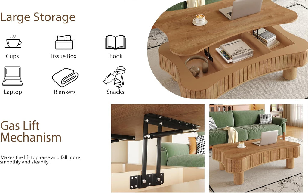 Zurnes Lift Top Coffee Table with Storage, 42' Accent Table for Living Room, Fluted Panel Hidden Storage, Silent Hydraulic Lift, Curved Corners, Easy Assembly, Light Brown