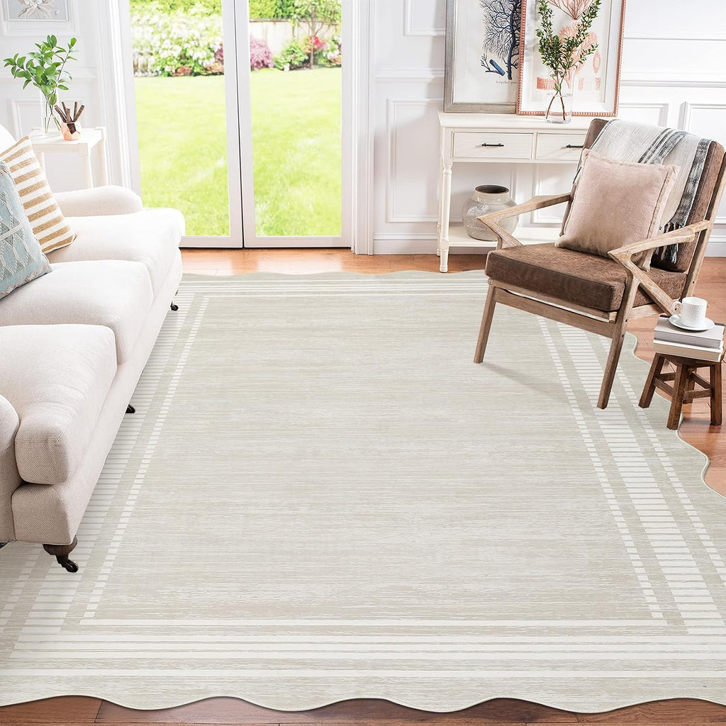 GarveeHome Scalloped Washable 8x10 Area Rugs for Living Room, Modern Bordered Solid Rug for Bedroom, Scalloped Non-Slip Stain Resistant Rug for Dining Room Farmhouse Dorm, Cream