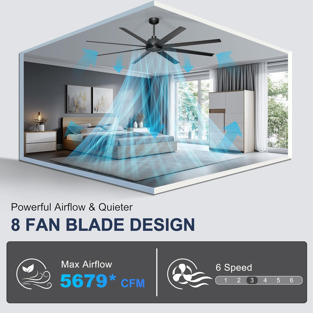 72'' Ceiling Fan no Light - Remote & APP Control, 6 Speed Reversible DC Motor Covered Outdoor Fan for Patio, Shop, Garage, Black without Light