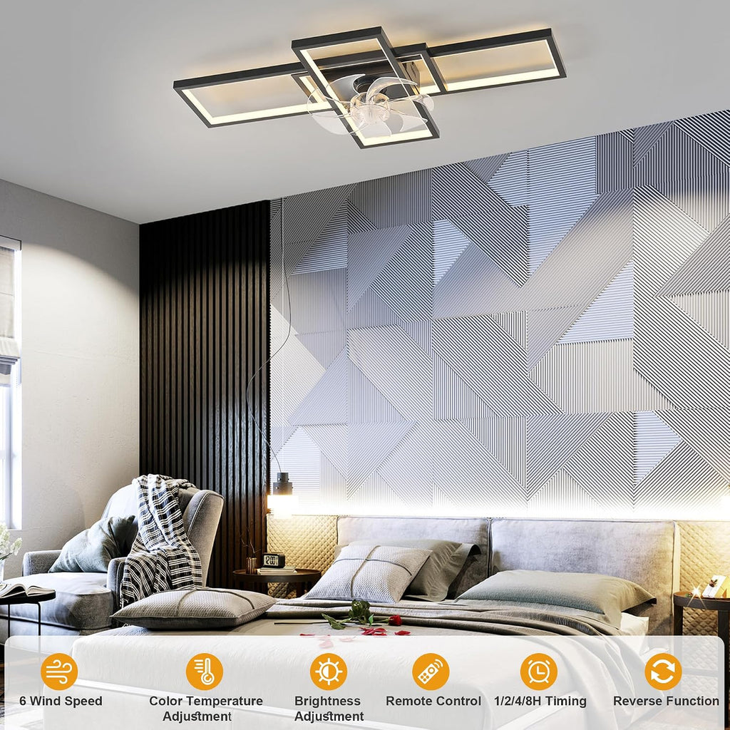 GEADI Modern Ceiling Fan with Light,Dimmable Flush Mount Ceiling Fans with Lights and Remote,35.4' Black Led Fandelier,Low Profile Ceiling Fan for Bedroom,Kitchen（6-Speed,Timing,3000-6000k）