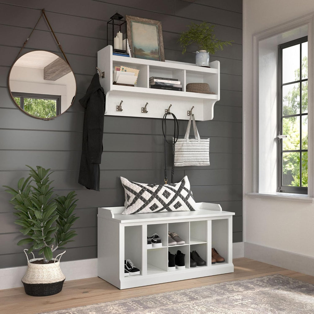 Kathy Ireland Home by Bush WDL004WAS 21-Inch Shoe Storage Bench and Coat Rack with 12 Shelves, White Ash