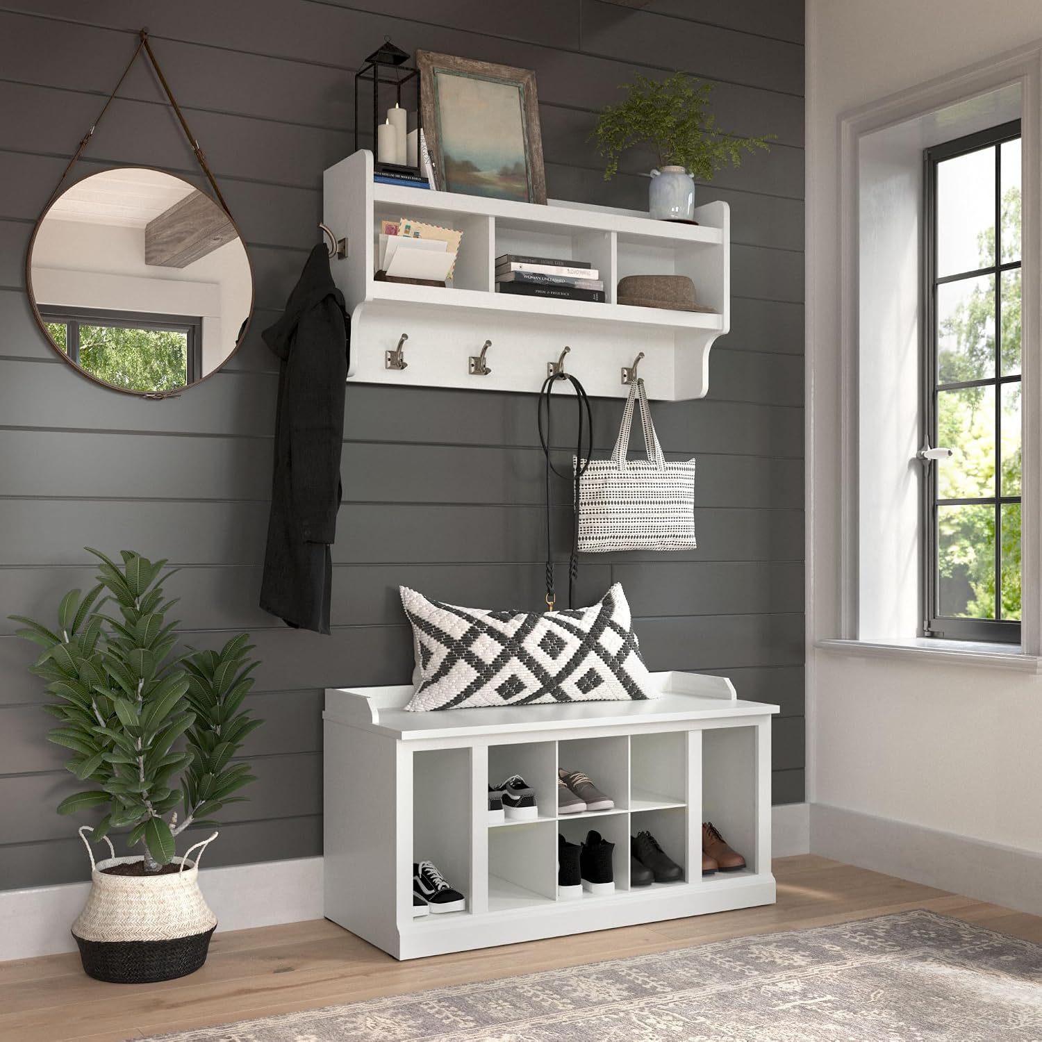 Kathy Ireland Home by Bush WDL004WAS 21-Inch Shoe Storage Bench and Coat Rack with 12 Shelves, White Ash