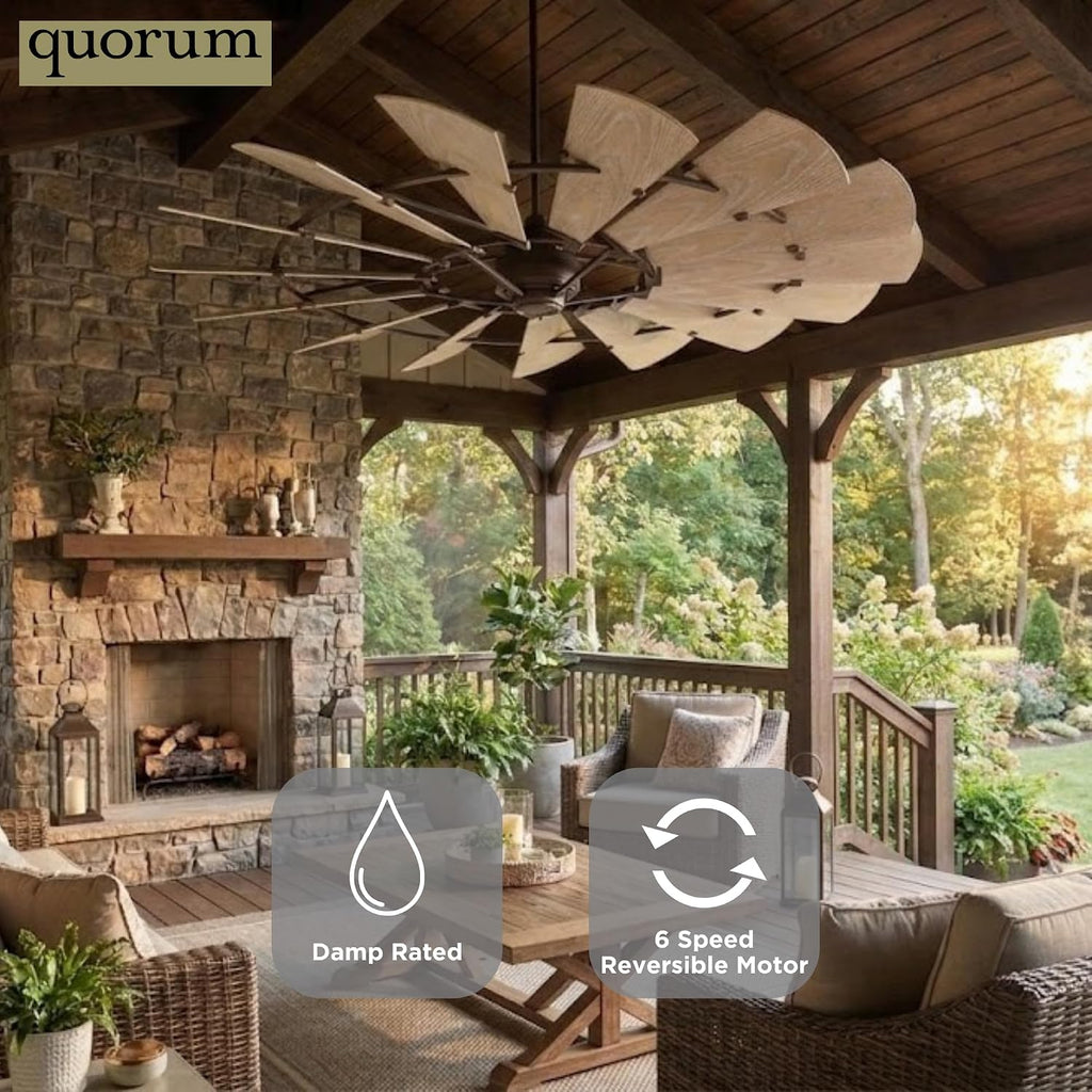 Quorum 196015-86 Windmill 60 Inch Ceiling Fan | 15 Blade Wagon Wheel Design | 6 Speed Reversible DC Motor | Remote Control Included | Damp Rated Fan | Weathered Oak Blades | Oiled Bronze Finish