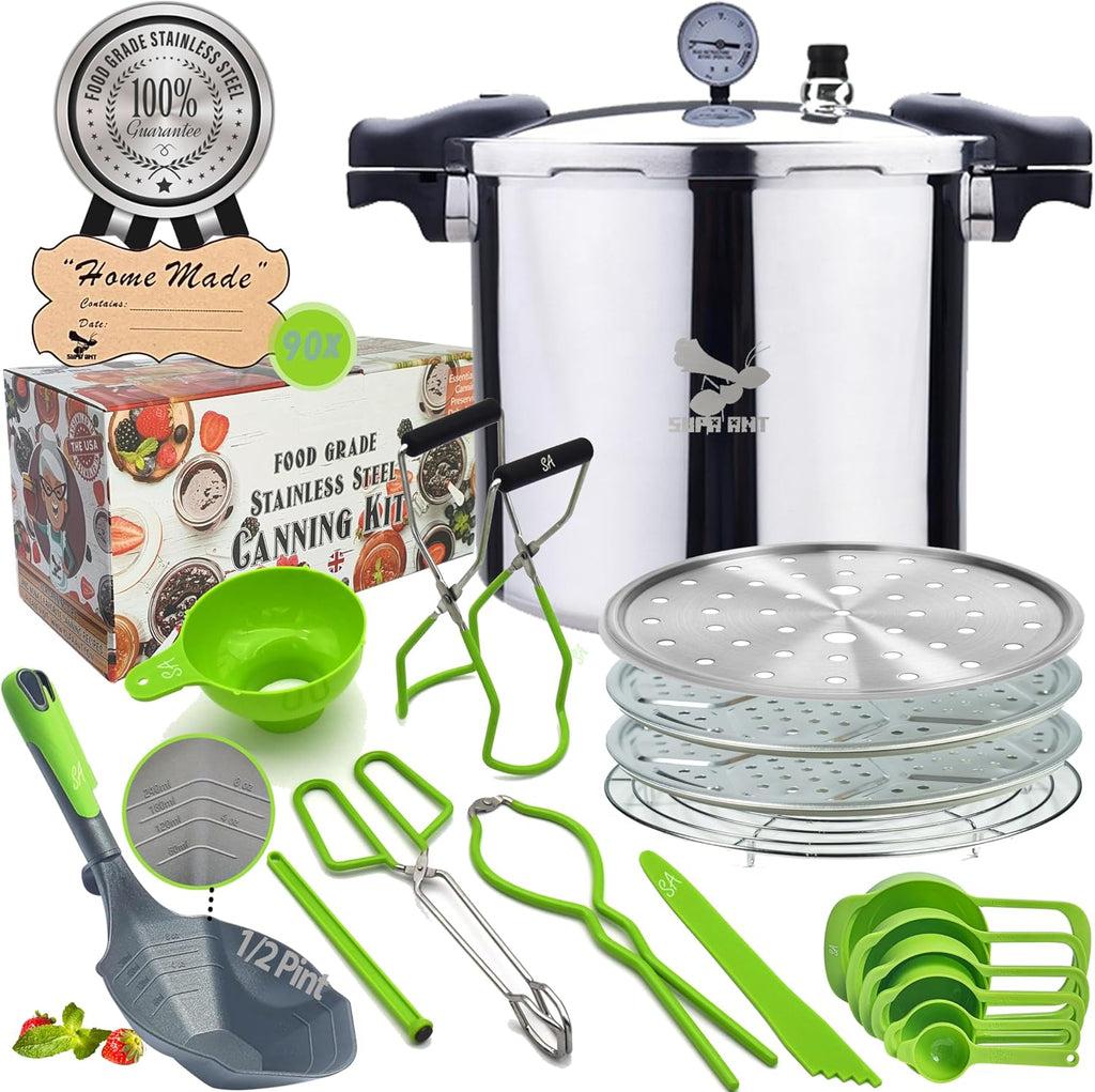 Supa Ant 23 Qt Canning Pot with Canning Supplies Starter Kit - Water Bath Pot with Rack and Lid - Jar Lifter, XL Ladle, Jar Tongs, and Bubble Popper
