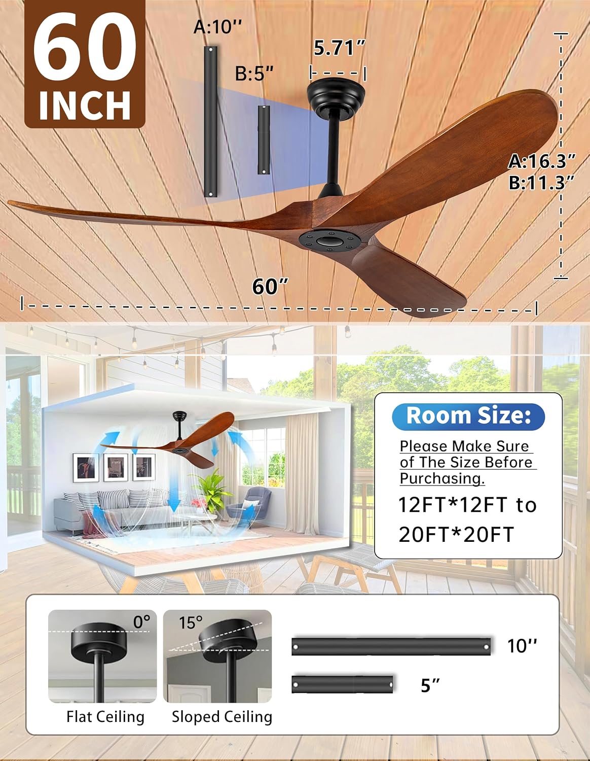 60 Inch Outdoor Ceiling Fan no Light,Solid Wood Ceiling Fan Without Lights with Remote/Wall Control,Large 3 Blades Walnut Propeller for Patio,Porch,Living Room,Bedroom,Farmhouse