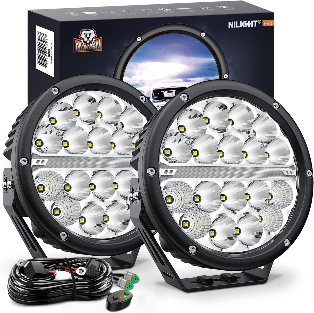 Nilight 7 Inch Round LED Offroad Driving Lights with DRL 2 PCS 90W 9850LM IP68 Spot Flood Combo Work Light w/ 12AWG DT Connector Wiring Harness Kit for 4x4 Truck ATV UTV SUV