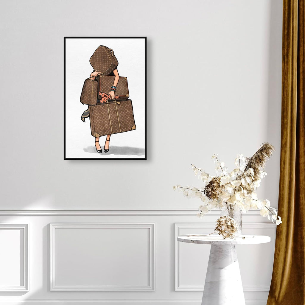 The Oliver Gal Artist Co. Fashion and Glam Framed Wall Art Canvas Prints, Bags-Orange' Travel Essentials Home Décor, 20 in x 30 in, Brown, White