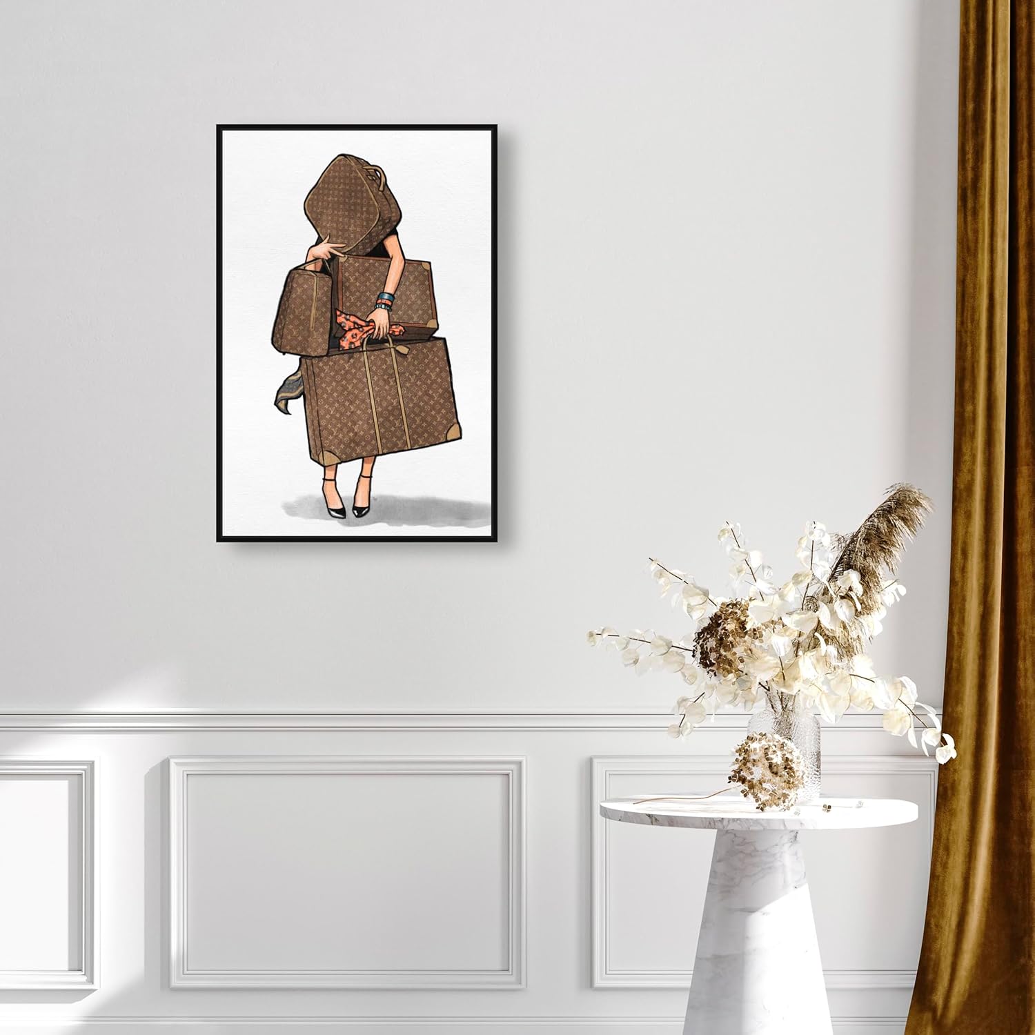 The Oliver Gal Artist Co. Fashion and Glam Framed Wall Art Canvas Prints, Bags-Orange' Travel Essentials Home Décor, 20 in x 30 in, Brown, White