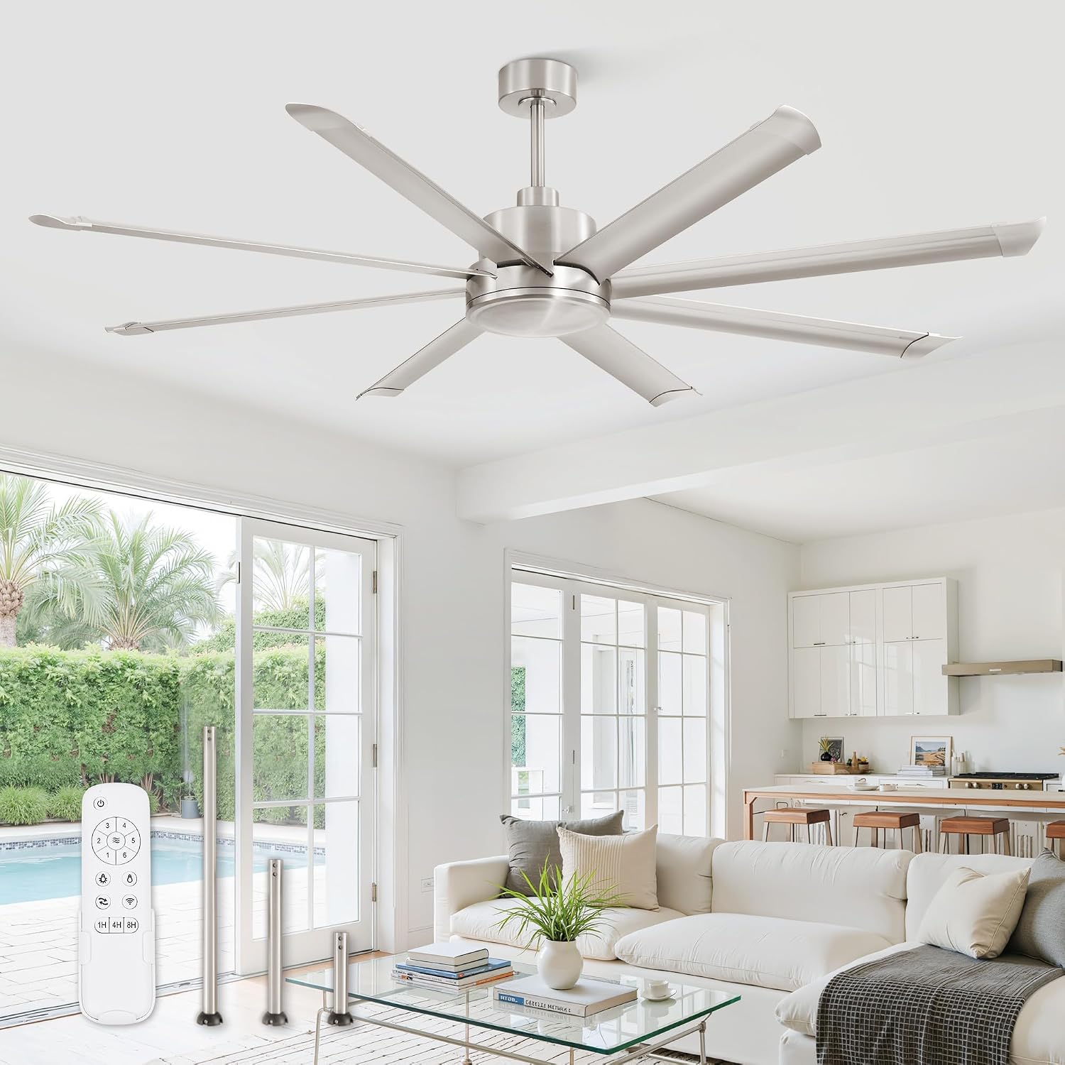 ZMISHIBO 72 Inch Large Ceiling Fan No Light, 8 Aluminum Blades, 6-Speed Remote Control, Industrial Ceiling Fan without Light, Quiet DC Motor, Indoor/Outdoor Ceiling Fans for Patio, Garage, Shop