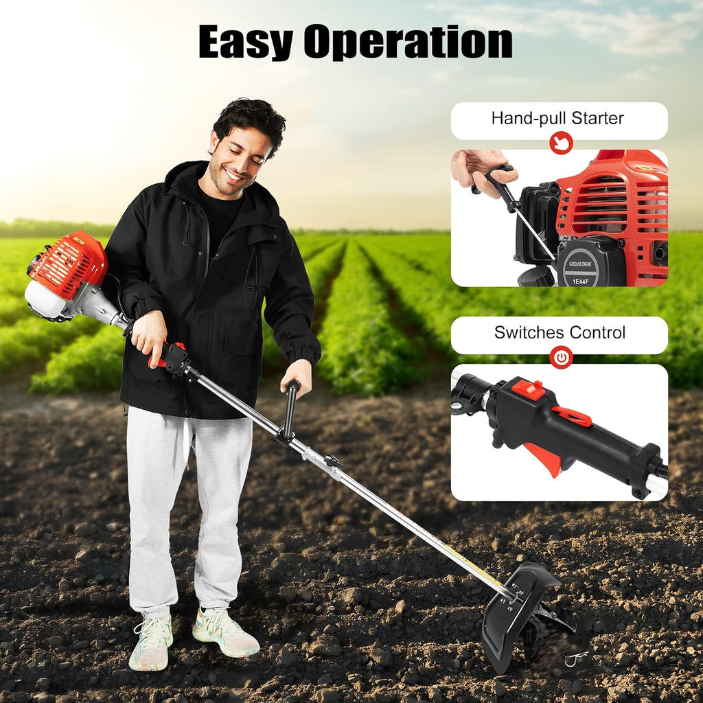 1.45kW Gas-Powered Tiller, 52cc 2-Stroke Handheld Engine Cultivator, 6500RPM Soil Loosener Ground Breaker with 0.29gal Fuel Tank 9.8in Width & 3.5in Depth for Garden Farmland Hillside