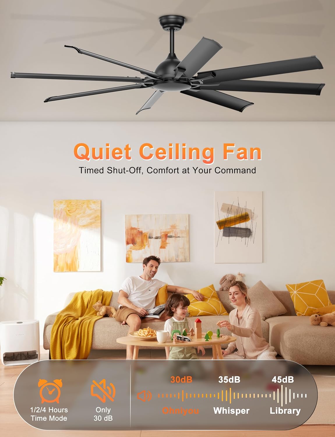Ohniyou 72 Inch Ceiling Fan No Light - Remote & APP Control, Large Industrial Ceiling Fans with 8 Aluminum Blades, Quiet DC Motor for Living Room, Covered Outdoor, Shop, Garage, Black without Light