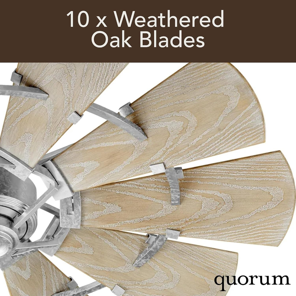 Quorum 195210-9 Windmill 52 Inch Ceiling Fan | 10 Blade Wagon Wheel Design | 6 Speed Reversible DC Motor | Remote Control Included | Damp Rated Fan | Weathered Oak Blades | Galvanized Finish