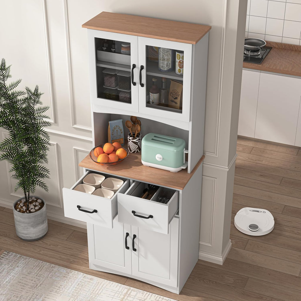 GDFStudio Wooden Kitchen Pantry Cupboard with Framed Glass Doors & Drawer, Freestanding Storage Cabinet Hutch, Kitchen Living Room Rectangle Storage Cabinet, Home Organization Cupboard, White