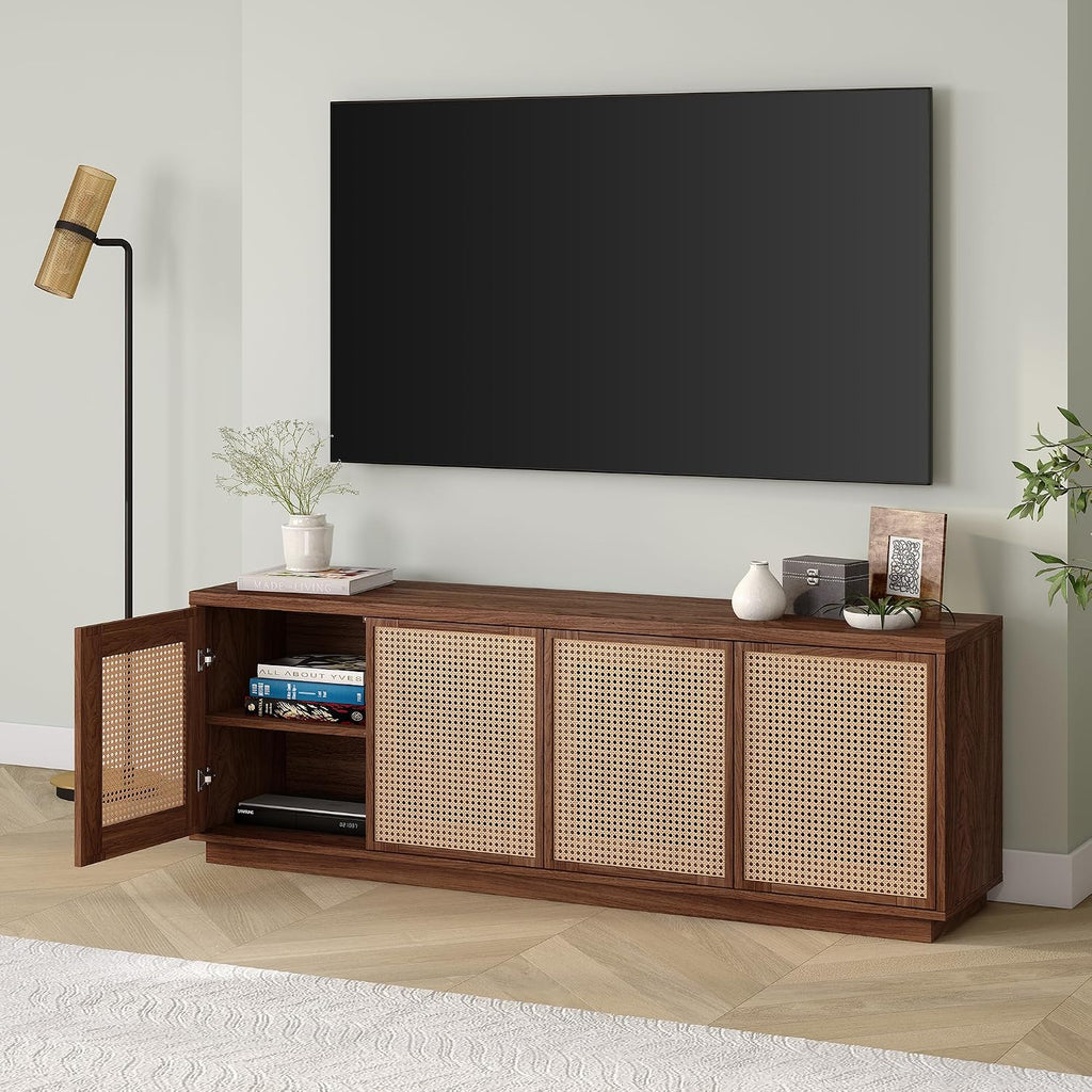 Henn&Hart 2-Tone TV Stand for TVs up to 78' with 2 Concealed Storage Cabinets, Rattan Insert Detailing, and Adjustable Shelves for Living Room, Family Room, or Office, Medium Walnut/Natural Rattan