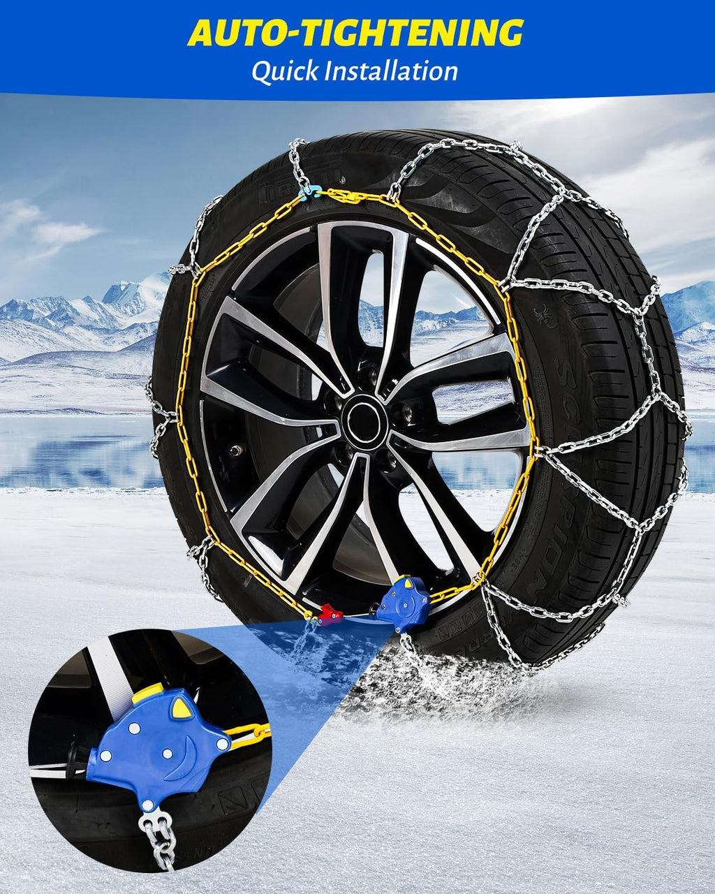 Auto Tightening Snow Chains Tire Chains For Cars Suv Pickup Trucks - Auto Tightening 1 Min Quick Fit AND Easy Installation, Reusable Universal Emergency Traction Snow Chains - Set of 2（HKN110）