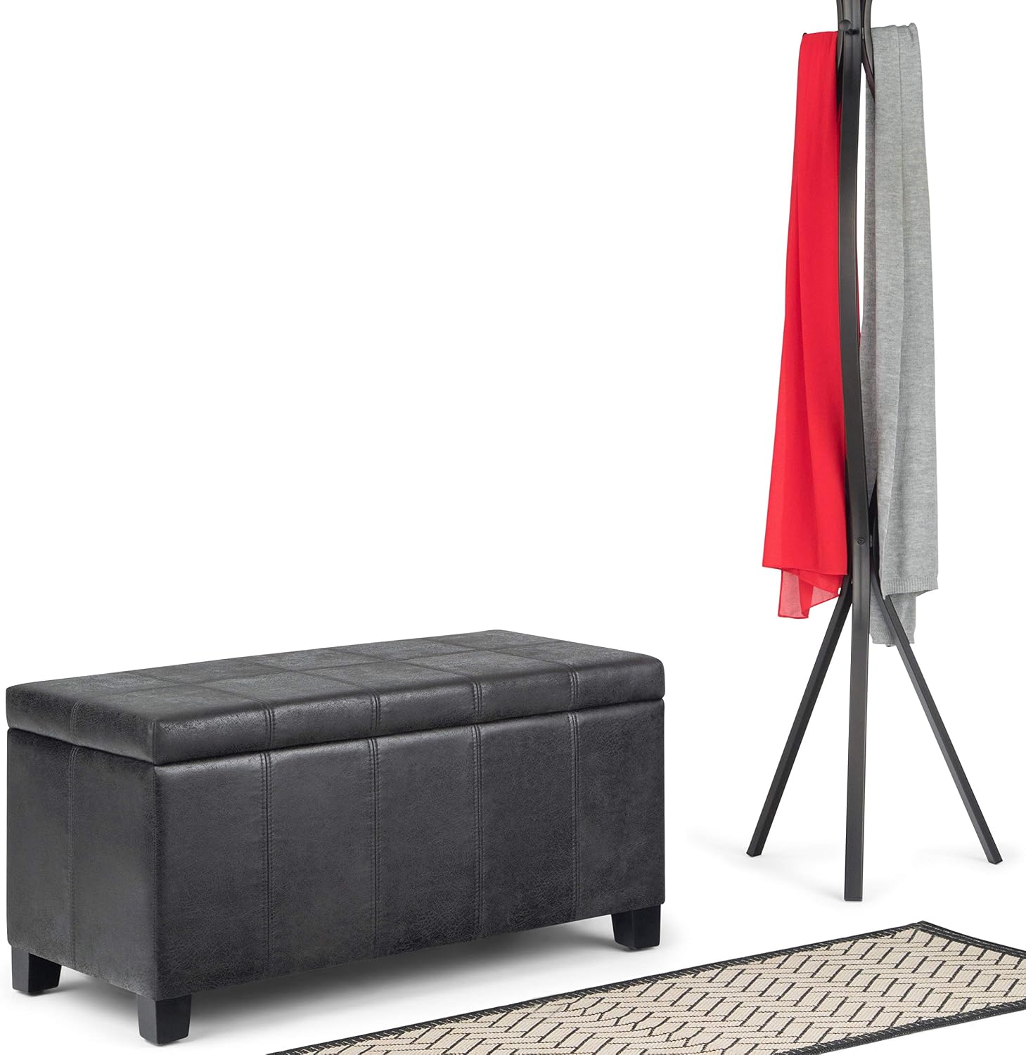 SIMPLIHOME Dover Storage Ottoman Bench - 36 inch Wide Upholstered Vegan Leather Rectangular Lift-Top Ottoman in Distressed Black, Contemporary Bench for Living Room with Safety Hinges