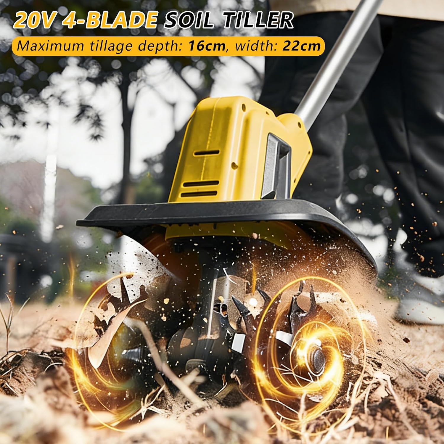 20V Cordless Electric Tiller - 8.7' Wide, 7' Deep, 4 Steel Tines Cultivator for Effortless Soil Tillage in Home Gardens, 4000mAh Battery Powered, Lightweight & Easy to Use