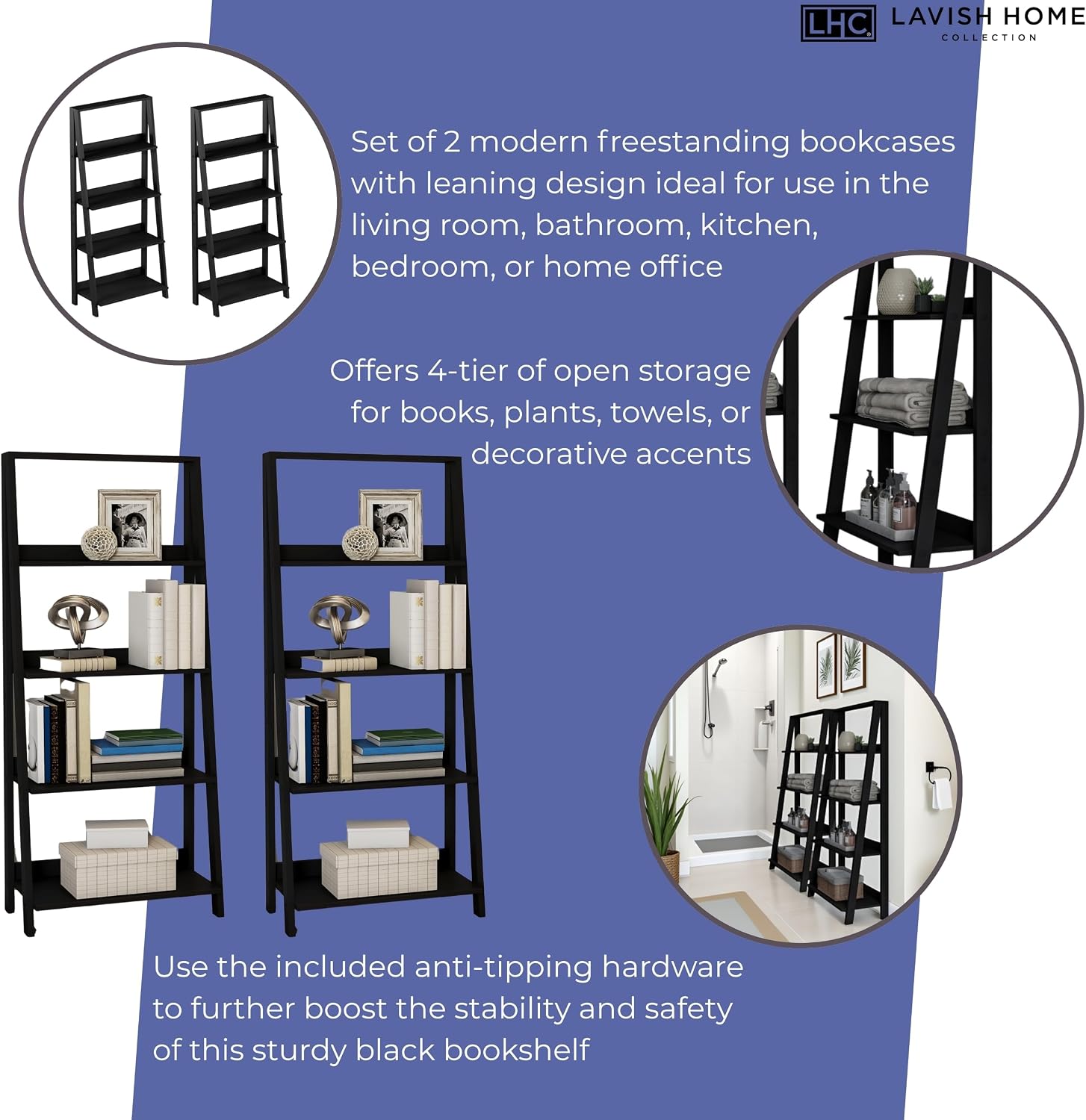 Lavish Home 4-Tier Ladder Shelf – Set of 2 Modern Freestanding Bookcases with Leaning Design for Storage & Display in Living Room, Bathroom, Kitchen or Home Office (Black)