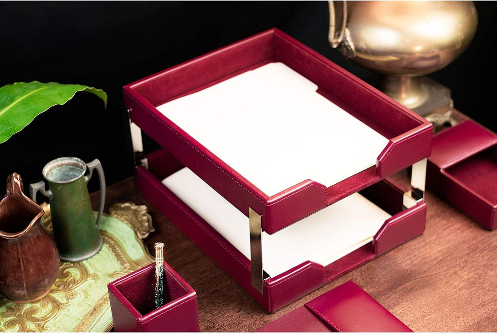 DACASSO Bonded Leather Desk Set - Luxury Leather Desk Pad & Desk Organization Essentials (Burgundy, 8 Piece)