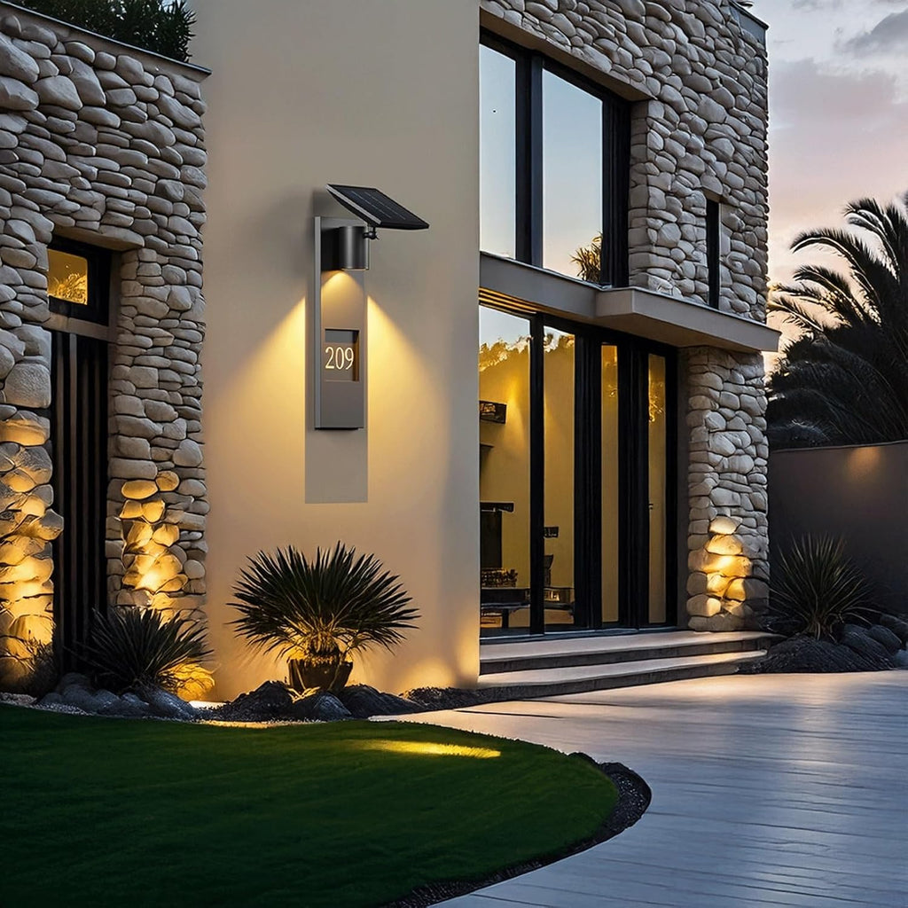 Solar Address Outdoor Wall Light Stainless Steel Exterior Wall Lamp House Number Wall Lantern Dusk to Dawn Waterproof LED Porch Light for Villa Garden Patio Porch Entryway Cottage