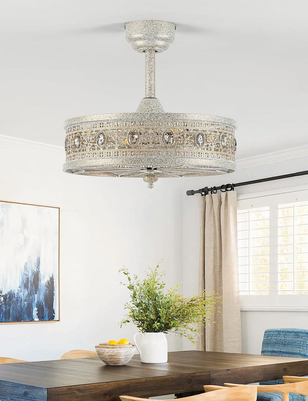 Fandelier Ceiling Fan with Light,French Coastal Ornate Caged Bladeless Chandelier Fan,Elegant Statement Crystal Round Drum Light Fixture,Hanging/Flush Mount for Bedroom,Kitchen,Dining Room,Living Room