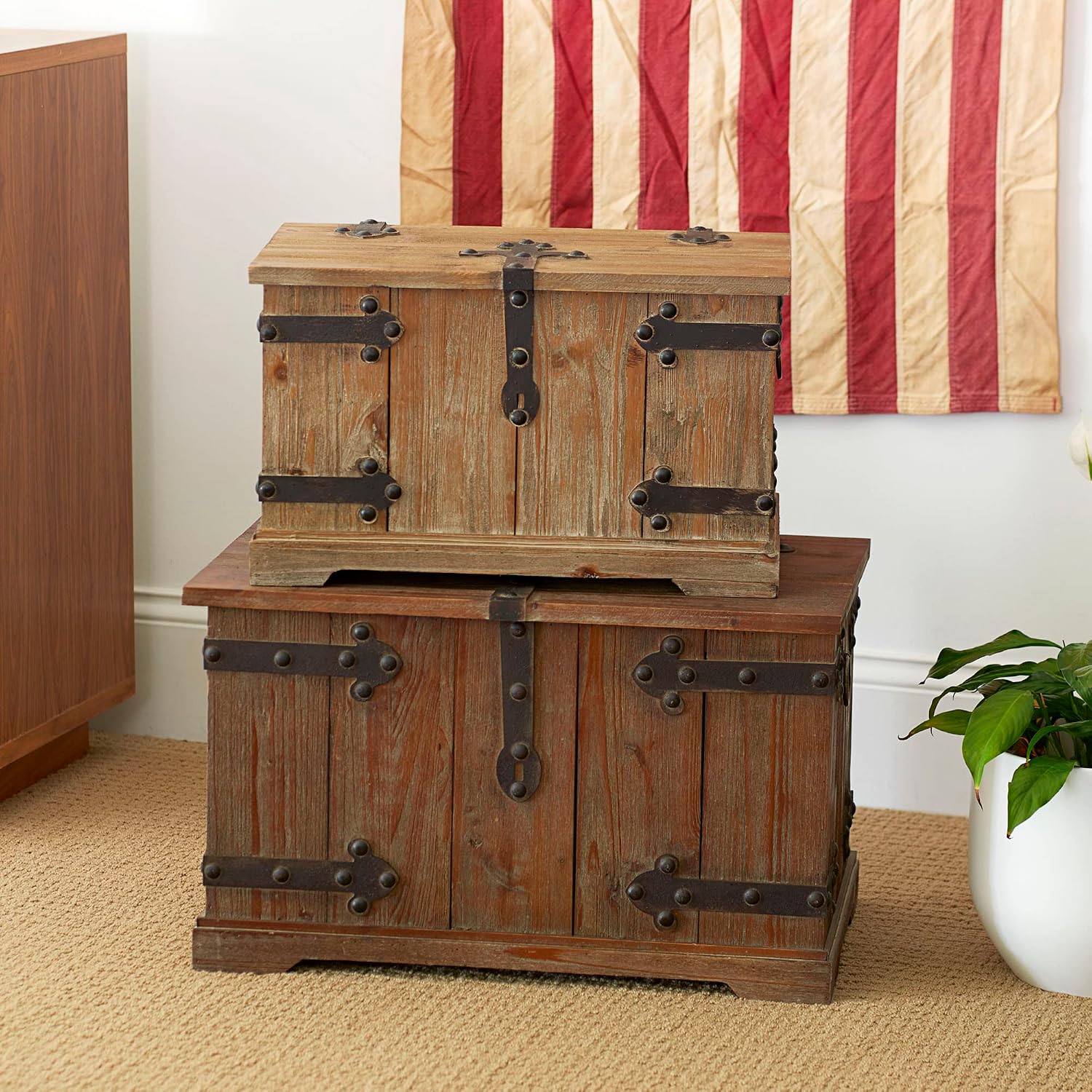 Household Essentials Victorian Style Decorative Trunk in Chinese Fir Wood with Metal Accents, Natural, Set of 2