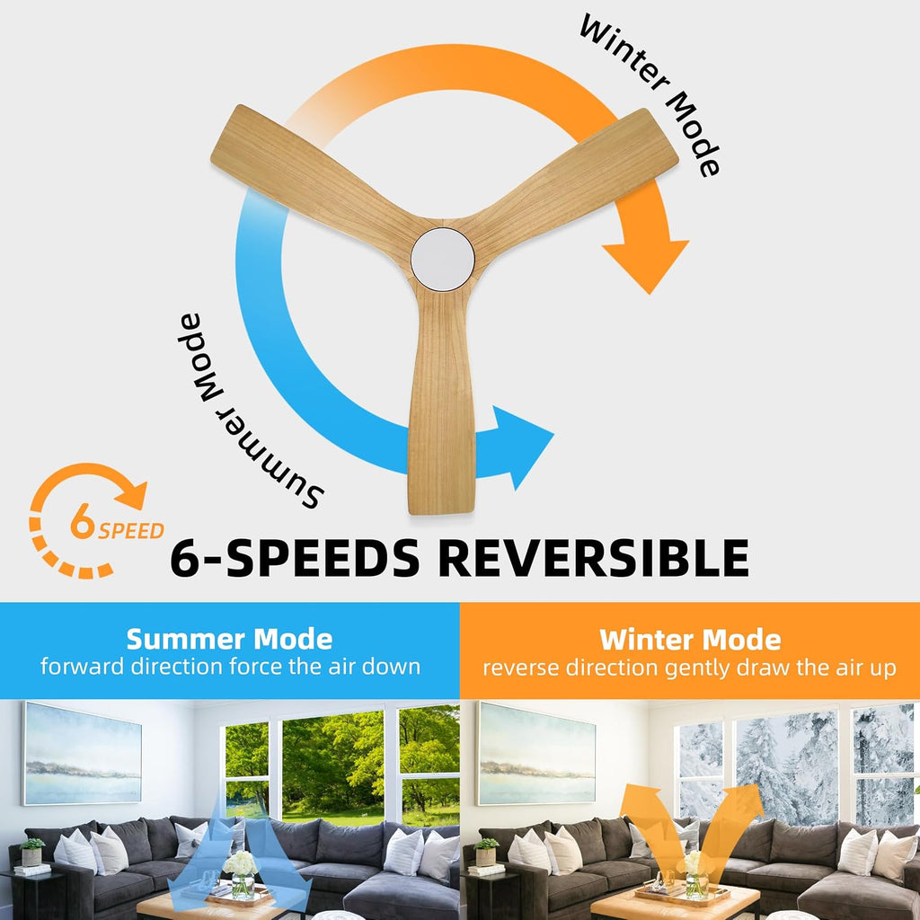 WINGBO 48 Inch Flush Mount DC Ceiling Fan without Lights, 3 Carved Wood Blades, 6-Speed Noiseless Reversible DC Motor, Hugger Ceiling Fan No Lights in White Finish with Oak Blades, ETL Listed
