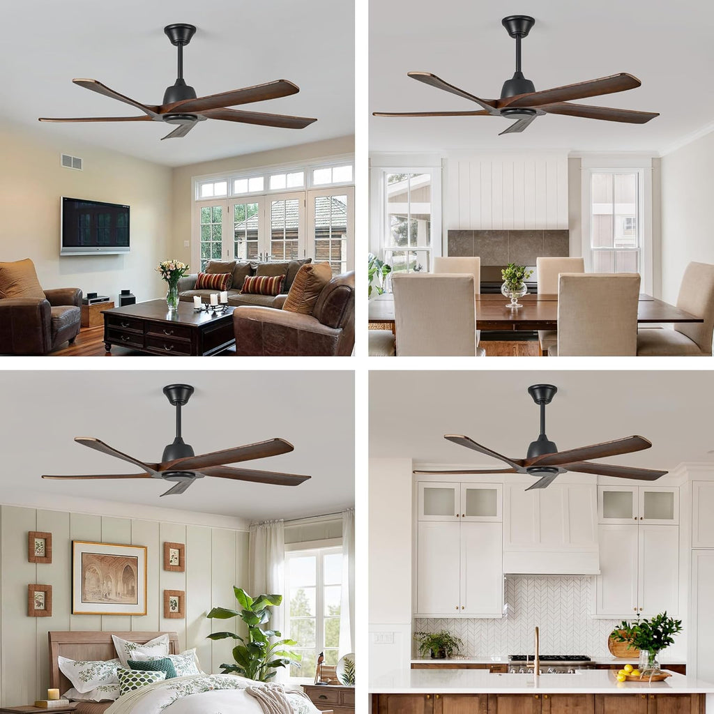 60 Inch Solid Wood Ceiling Fan No Lights, Remote and APP Control, DC Motor, 6-speed Reversible, Outdoor Ceiling Fans for Bedroom, Living Room, Office, Dark Walnut