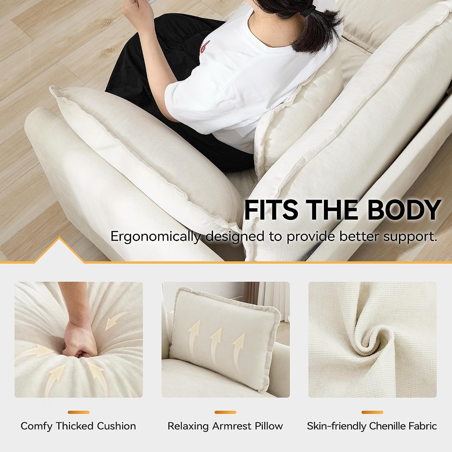 111'' Sectional Cloud Deep Seat Couch, Modern Comfy Chenille L Shaped Sectional Sofa for Living Room Set, Upholstered Modular 4-Seats Sofa Couch with Movable Ottoman, Beige