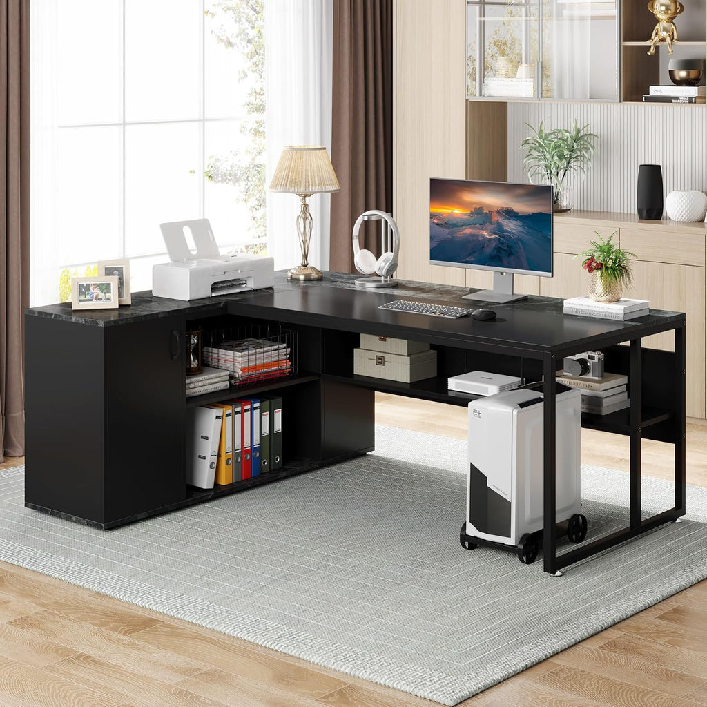 LITTLE TREE Large Executive Desk with File Cabinet, 71 inch L Shaped Computer Desk Office Desk with Drawers and Storage Shelves, Business Furniture Desk Workstation for Home Office, Black