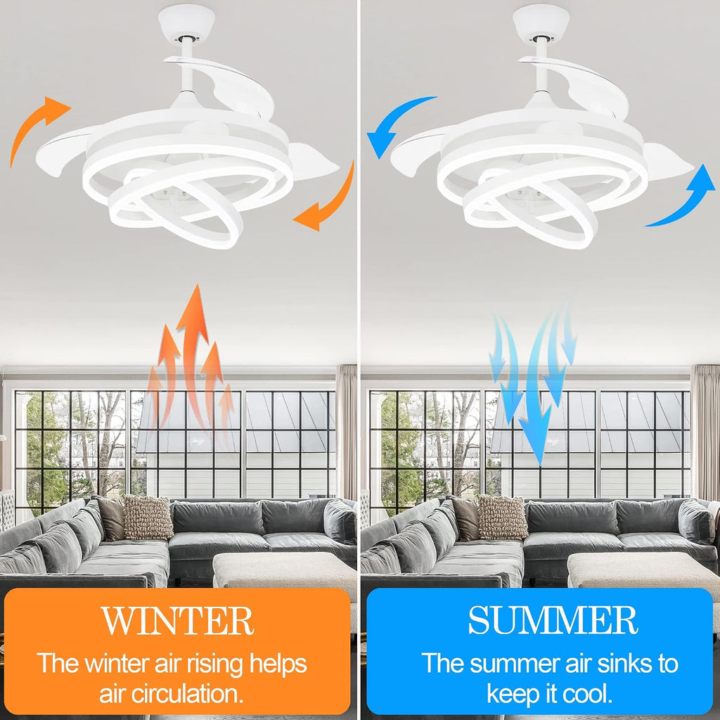 White 42' Retractable Fandelier Ceiling Fan with Lights Remote - Silent Dimmable Modern 6 Speed LED Chandelier Fan for Bedroom Living Room Kitchen