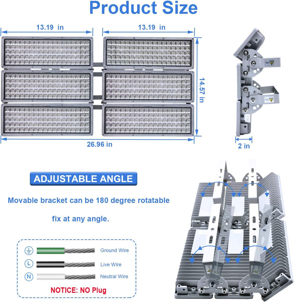 Kekeou 600W LED Flood Lights Outdoor 300W Stadium Light 2 Pack Arena Lights 600 Watt 84000LM 6500K Adjustable Lighting Angle Exterior Flood Light IP67 Waterproof for Playground