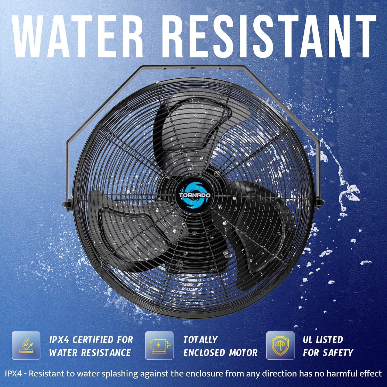 Tornado 20 Inch Outdoor Rated IPX4 Water-Resistant High Velocity Fan Industrial Workstation Wall Mount Fan For Commercial, Industrial, Residential, Greenhouse Use 3 Speed 4750 CFM UL Safety Listed